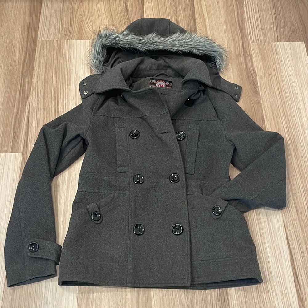 Peacoat style coat with removable hood